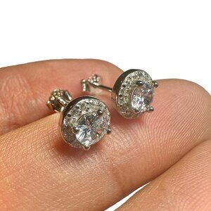 925 Sterling Silver CZ Stud Earrings 8mm Clear Round Halo Sparkle Women